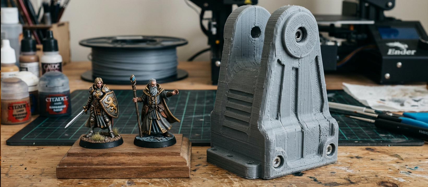 Close-up of detailed miniature figures printed on a resin 3D printer next to larger functional parts from a filament printer